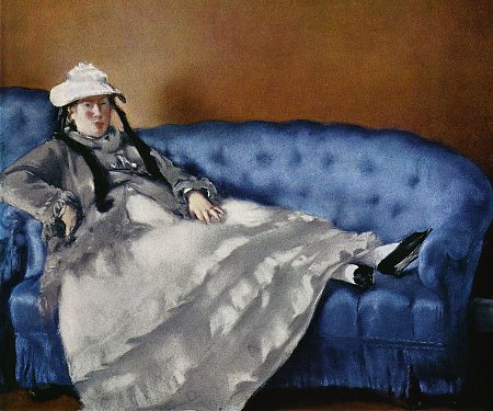 Portraet der Frau Manet auf blauem Sofa 