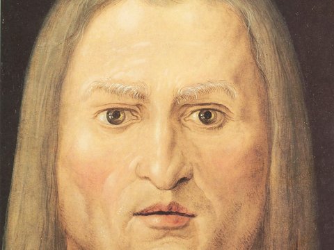 Selbstporträt mit ernstem Blick und langem Haar – Leinwandbild