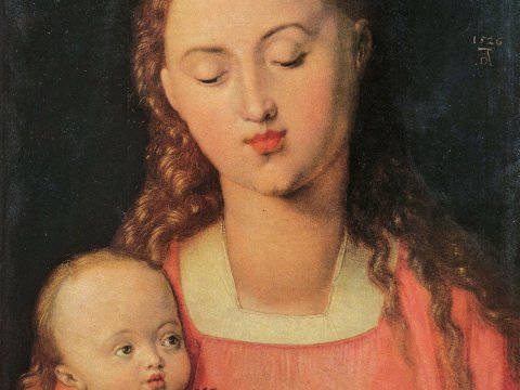 Madonna mit Kind, rotes Gewand, Birne – Leinwandbild