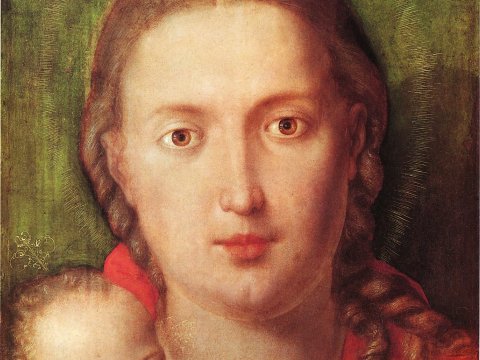 Madonna mit Kind, roter Blume und grünem – Leinwandbild