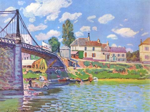Brücke über Fluss mit Booten – Alfred Sisley – Leinwandbild