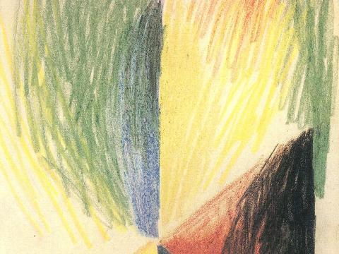 Grüne, gelbe und rote Strahlen mit blauem – Leinwandbild