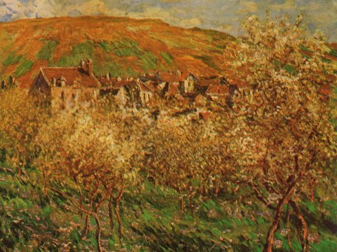 Blühende Obstbäume vor Dorf – Claude Monet – Leinwandbild