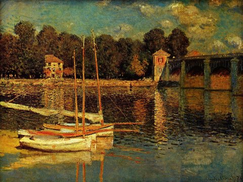 Boote am Flussufer mit Brücke – Claude Monet – Leinwandbild