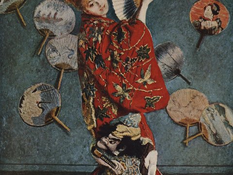 Frau im roten Kimono mit Fächern – Claude Monet – Leinwandbild