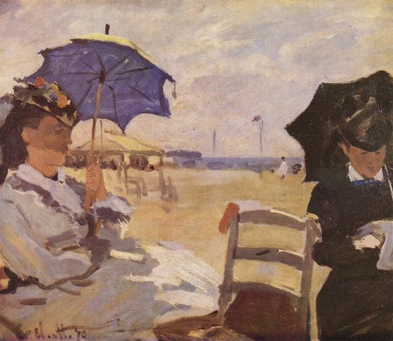 Damen am Strand mit Sonnenschirm – Leinwandbild