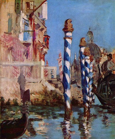 Venedig mit Gondeln und blau-weißen Pfosten – Leinwandbild