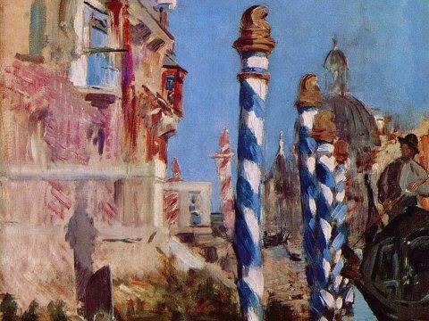 Venedig mit Gondeln und blau-weißen Pfosten – Leinwandbild