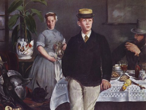 Junge im Zylinder vor Tisch – Édouard Manet – Leinwandbild