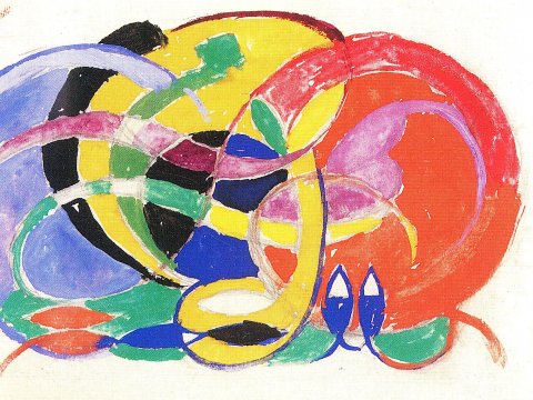 Bunte Wirbel in Gelb, Rot und Blau – Leinwandbild