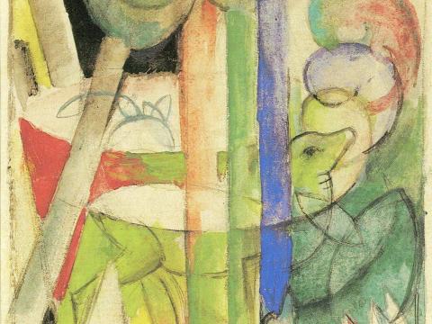Grüne und blaue Formen in dynamischer – Leinwandbild