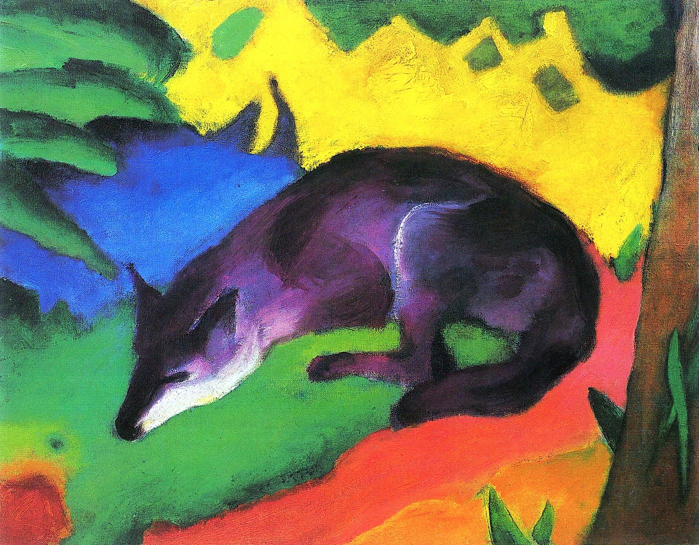 Schlafender Fuchs in farbenfroher Landschaft – Franz Marc Leinwandbild