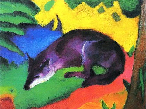 Schlafender Fuchs in farbenfroher Landschaft – Leinwandbild
