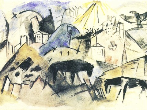Pferde in abstrakter Landschaft – Franz Marc – Leinwandbild