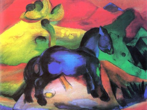 Blaues Pferd vor farbigem Hintergrund – Franz – Leinwandbild