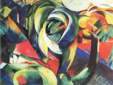 Grüne Wirbel und rote Flächen – Leinwandbild