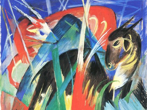 Zwei Pferde im Farbmeer – Franz Marc – Leinwandbild