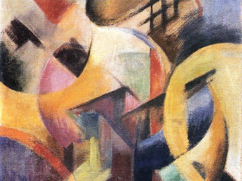Gelb-Blau-Rot: Dynamische Formen – Leinwandbild