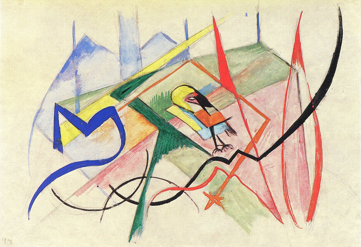 Bunter Vogel in dynamischer Farblandschaft – Leinwandbild