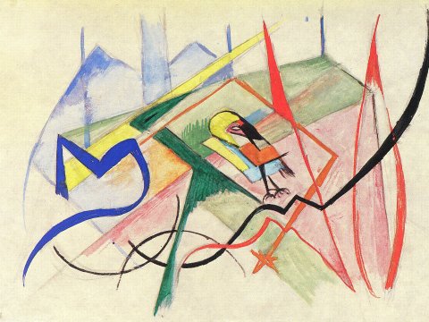 Bunter Vogel in dynamischer Farblandschaft – Leinwandbild