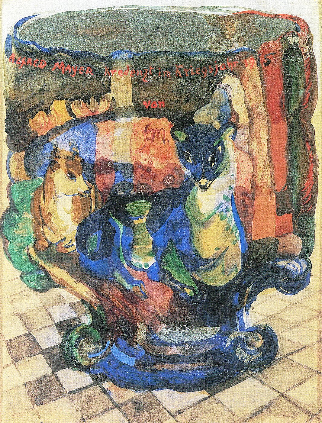 Katze und Hund auf Kachelboden – Franz Marc – Leinwandbild