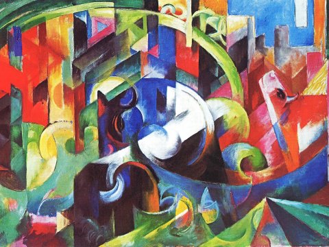 Blaue Kreatur in buntem Chaos – Leinwandbild