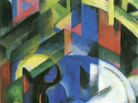 Blaue Kugel im grün-roten Chaos – Leinwandbild