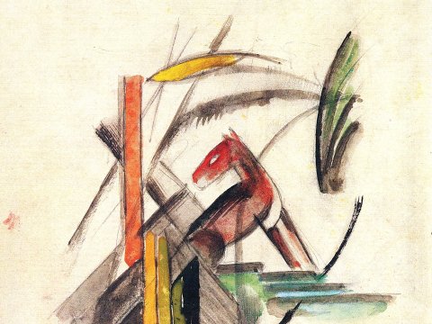 Rotes Pferd im abstrakten Landschaft – Franz – Leinwandbild