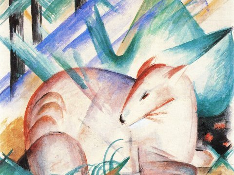 Schlafender Fuchs in farbiger Landschaft – Leinwandbild