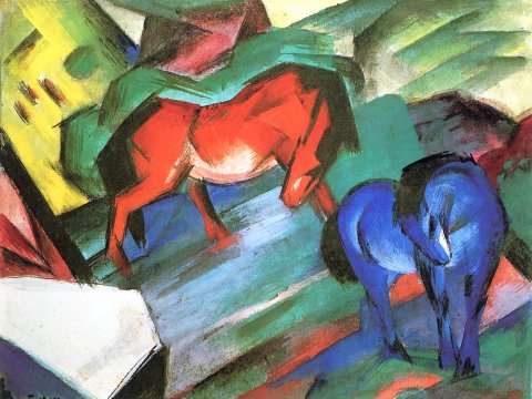 Zwei Pferde in leuchtenden Farben – Franz Marc – Leinwandbild