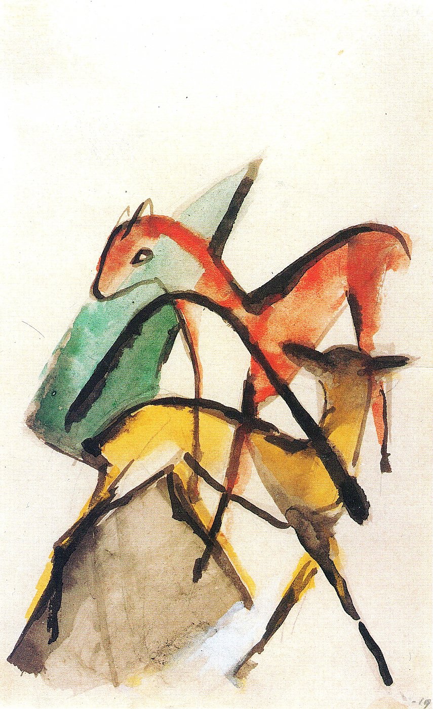 Zwei Pferde in leuchtenden Farben – Franz Marc – Franz Marc Leinwandbild
