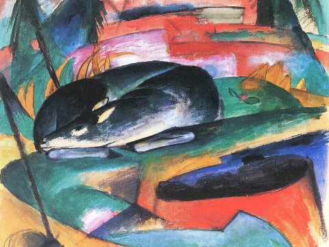 Schlafender Hund in farbenfroher Landschaft – Leinwandbild