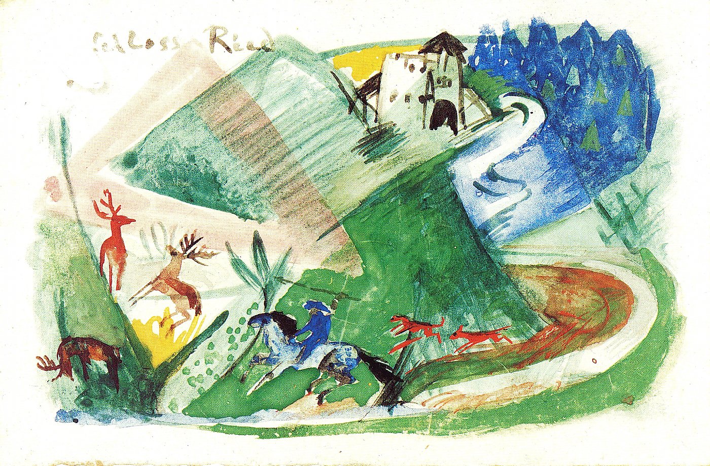Bunte Landschaft mit Reitern und Hirschen – Leinwandbild