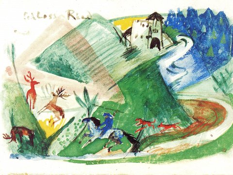 Bunte Landschaft mit Reitern und Hirschen – Leinwandbild