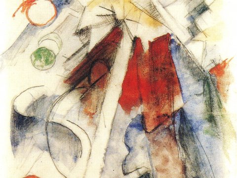 Rote und blaue Formen mit gelben Akzenten – Leinwandbild