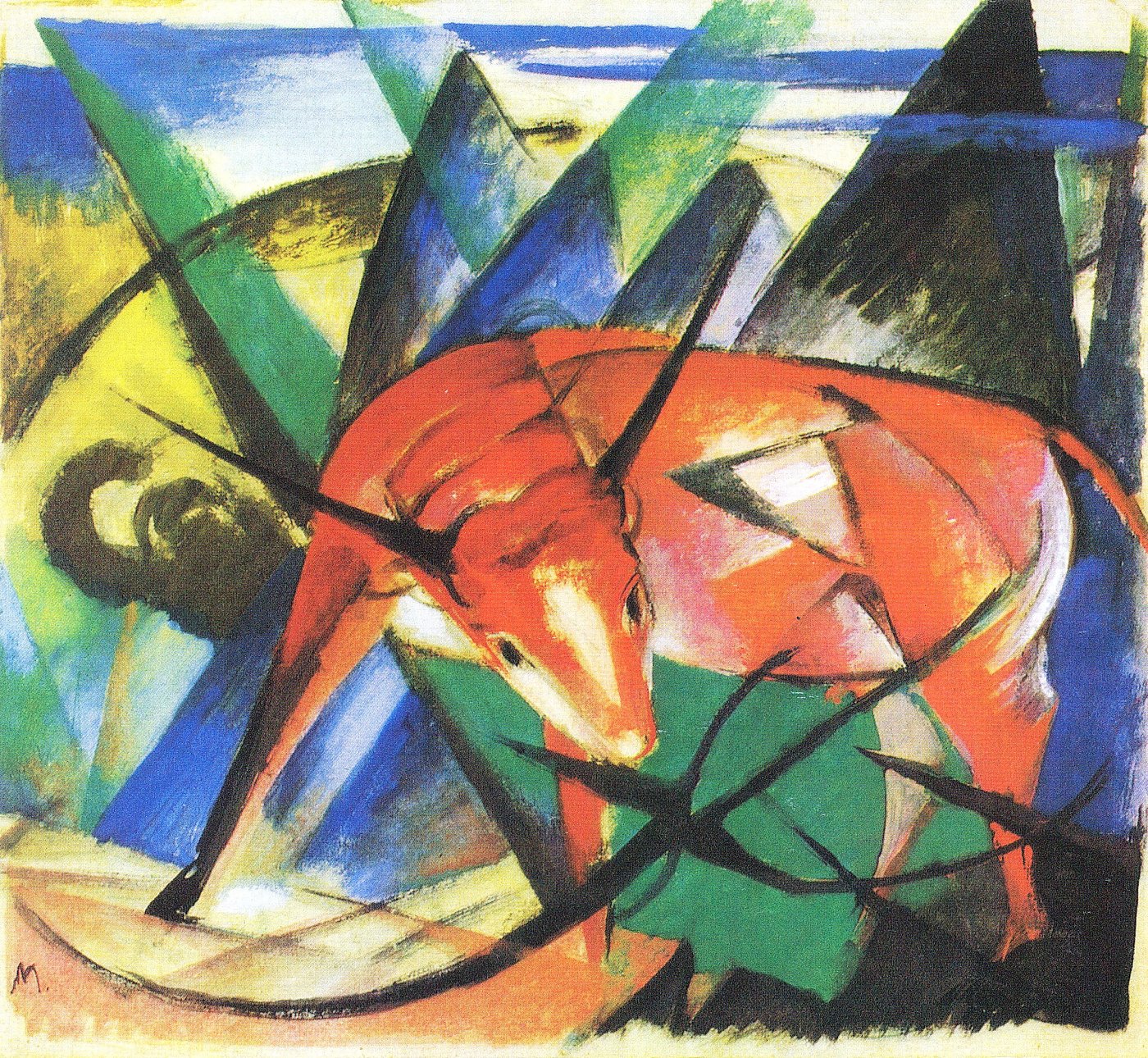 Roter Stier in abstrakter Landschaft – Franz – Leinwandbild