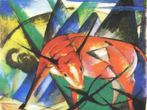 Roter Stier in abstrakter Landschaft – Franz – Leinwandbild