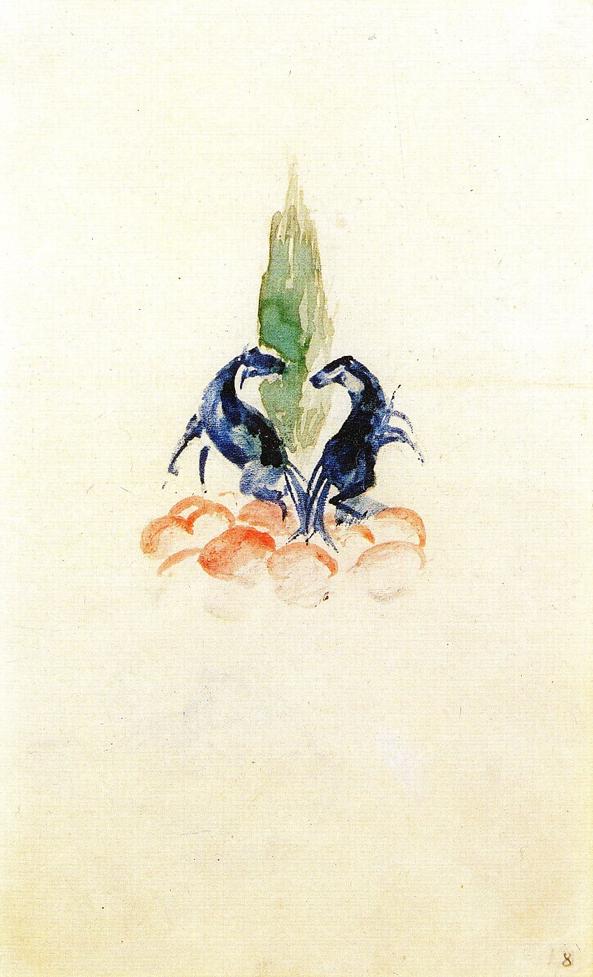 Zwei blaue Pferde vor grünem Baum – Franz Marc Leinwandbild