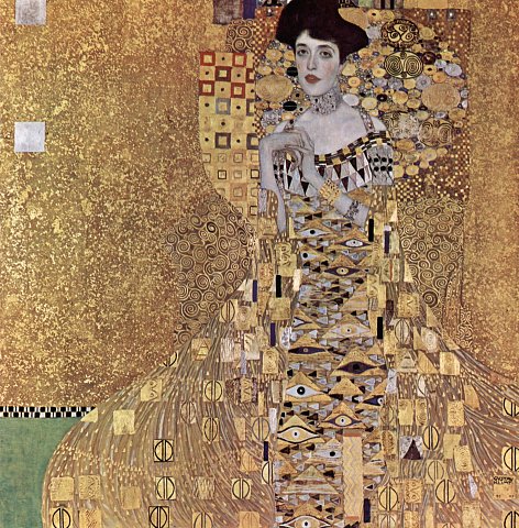 Goldene Symbole und Augen im Klimt-Kleid – Leinwandbild
