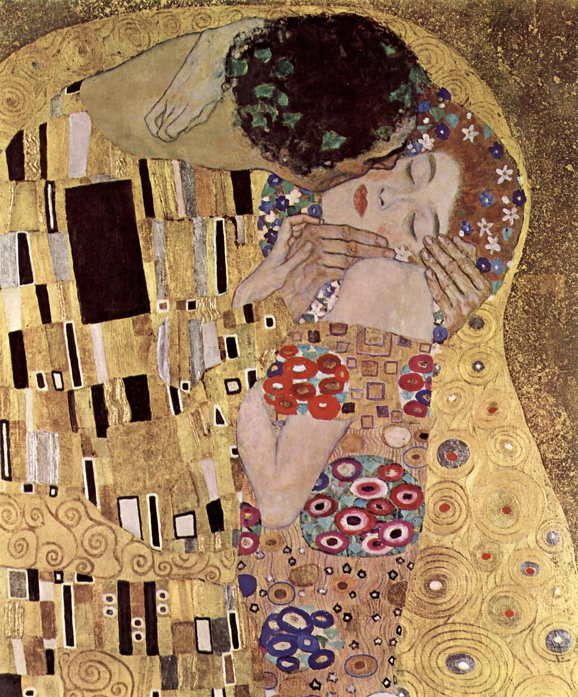Der Kuss – Gold, Blumen und Umarmung – Leinwandbild