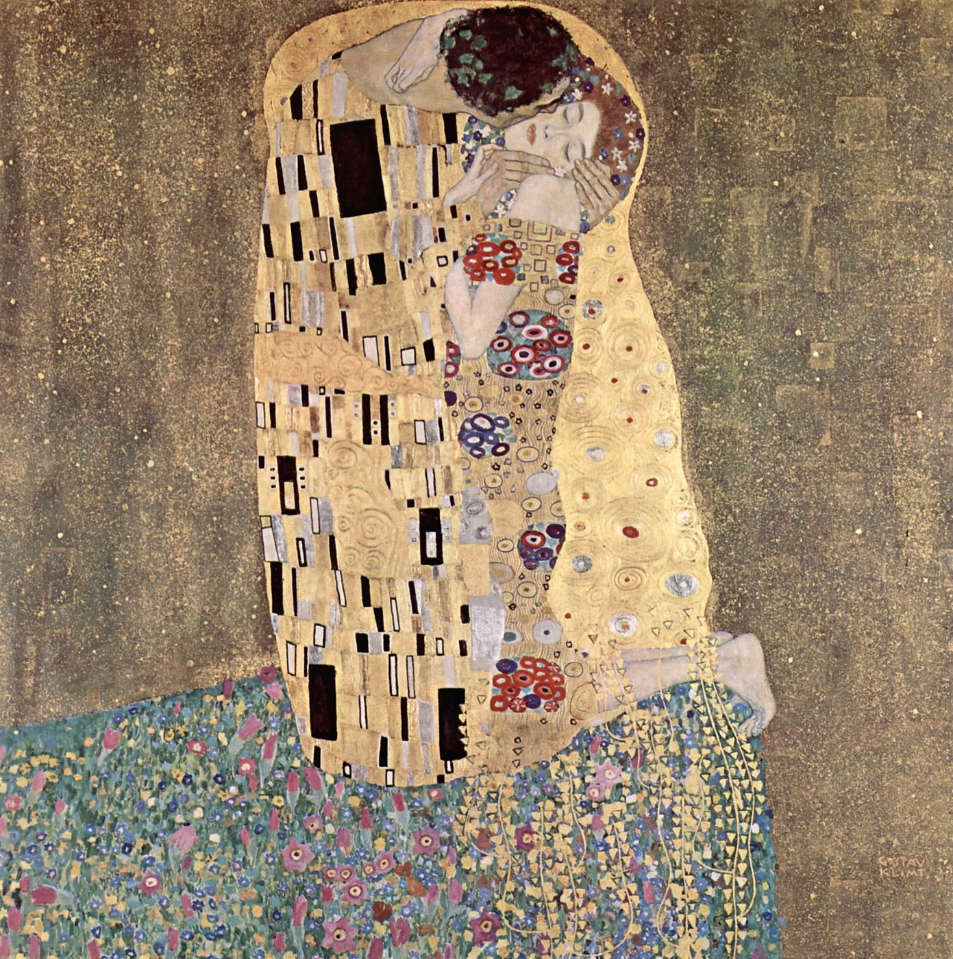 Der Kuss – Goldene Umarmung im Blumenfeld – Gustav Klimt Leinwandbild