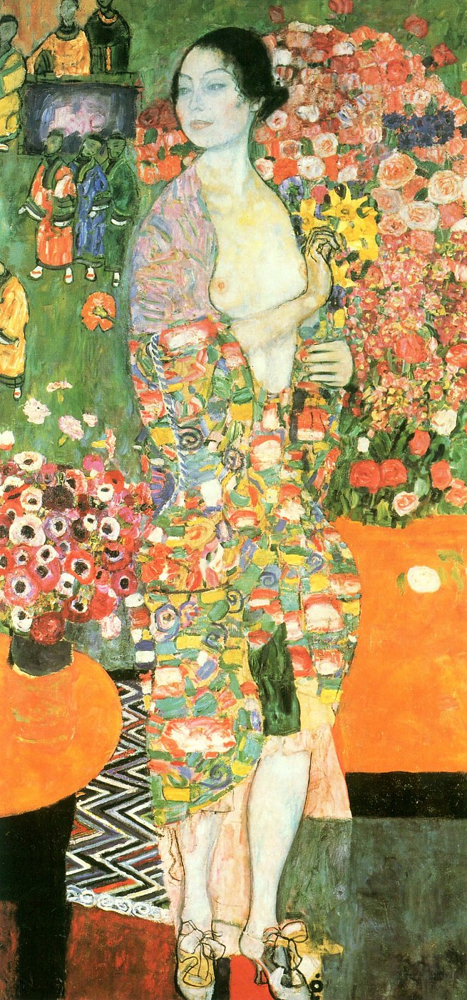 Frau in buntem Gewand vor Blumen – Gustav Klimt – Gustav Klimt Leinwandbild