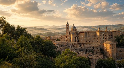 italien, hilltown, goldene stunde, historisch, architektur, landschaft, nebel, wolken, sonnenlicht, stein, dach, kuppel, friedlich, romantisch, herbst, warm, dramatisch, tief, kunst, druck, acryl, leinwand, italienisch, mittelalterlich, panorama – Leinwandbild