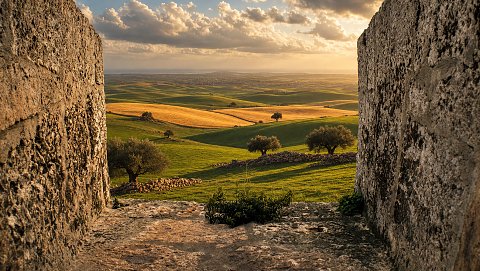 landschaft, sonnenuntergang, hügel, olivenbäume, steinmauer, goldeneslicht, italien, ländlich, frieden, dämmerung, natur, weitwinkel, warm, ruhig, historisch, felder, schatten, himmel, wärme, tradition, mediterran, kunstdruck, episch, tiefe – Leinwandbild