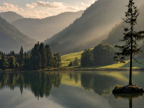 See mit einsamer Fichte und Bergen – Leinwandbild