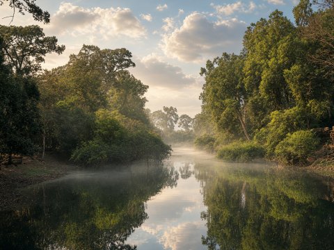 Spiegelnder Waldsee unter blauem Himmel – Leinwandbild