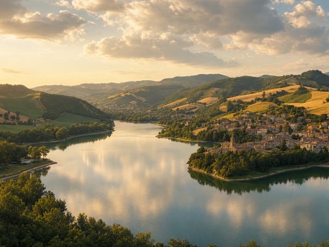 Idyllische Seenlandschaft mit Hügeln und Dorf – Leinwandbild