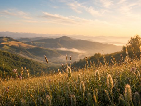Wilde Wiesenblumen vor Hügellandschaft – Leinwandbild