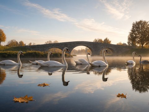 Schwanengruß im Frühnebel – Leinwandbild