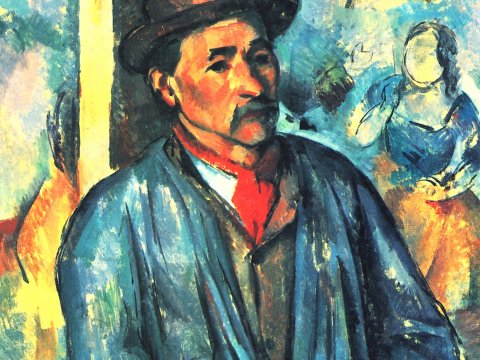 Mann im blauen Mantel mit rotem Halstuch – Leinwandbild